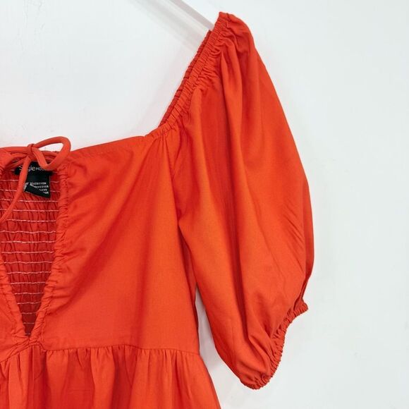 Style House Coral Red Puff Sleeve Keyhole Tie Bust Lacy Hem Maxi Peasant Dress - Picture 4 of 15